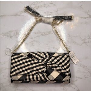 Talbots Black and White Gingham Crossbody Clutch Gold Chain Linen Leather Purse